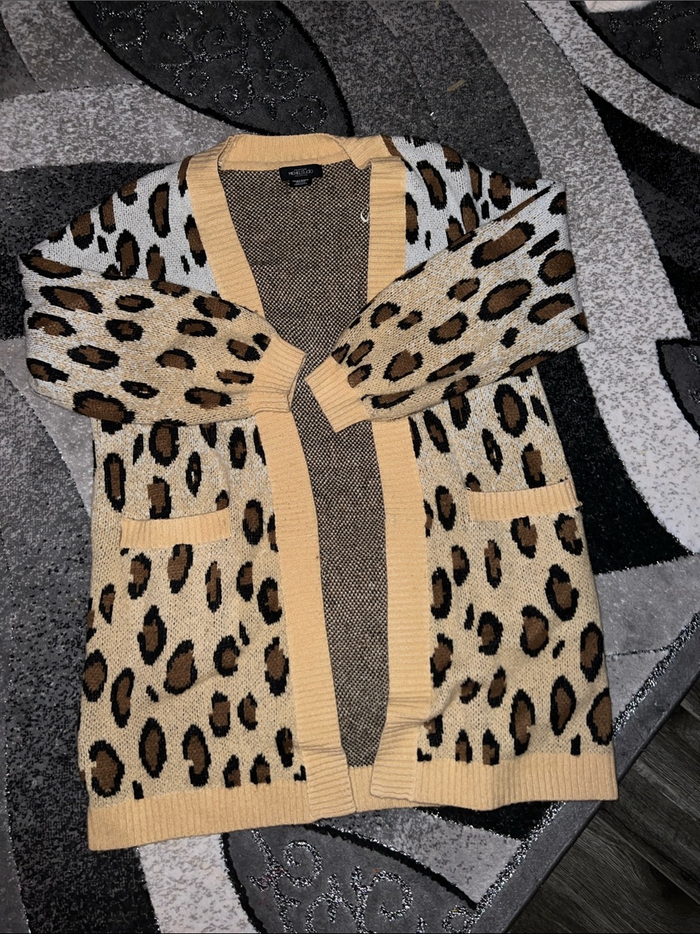 Addition Elle Leopard Print Open-Front Cardigan - Beige, Brown, Black
